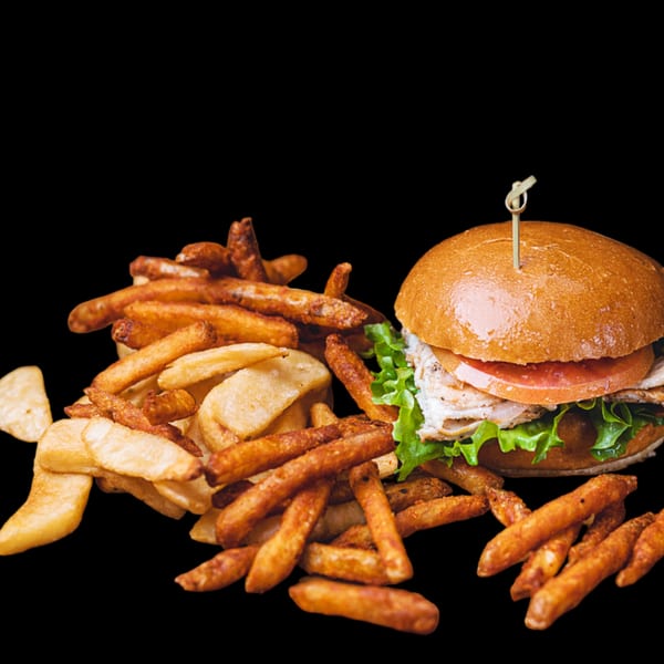 BB's Burger Factory's turkey burger with lettuce and tomato, served with a side of fries.