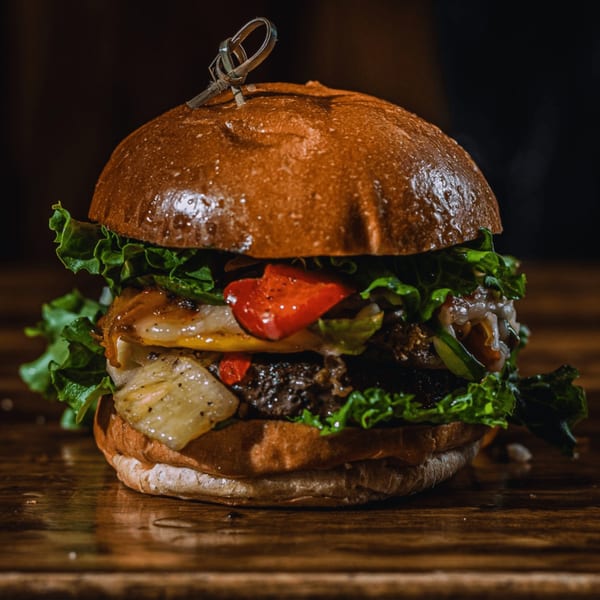 A juicy BB's Burger Factory burger with lettuce, cheese, and peppers on a wooden table.